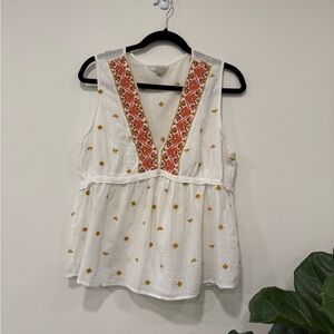 Lucky Brand White Sleeveless Embroidered V-Neck Tank with Rust Accents